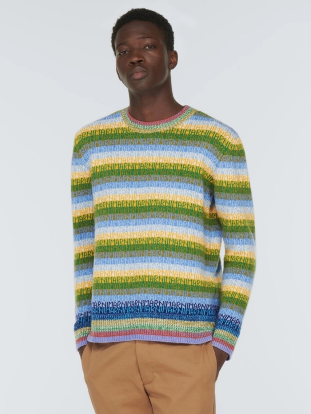 Marni Striped Intarsia Logo Virgin Wool Spell Out Crew Neck Mens Sweater
